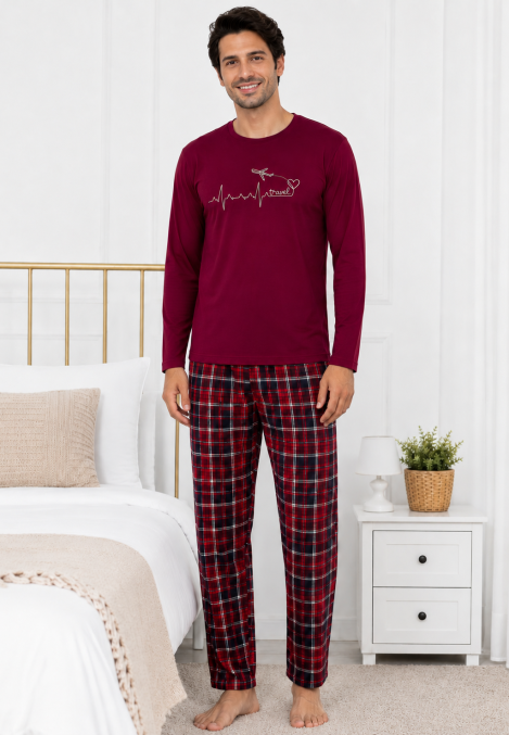Pijama barbati Serena cu maneca lunga si pantalon lung-Bordo,Engros